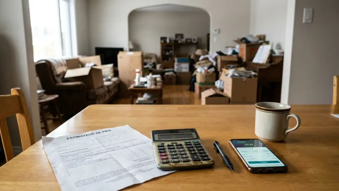 Feuille d'estimation de prix de débarras, calculatrice et téléphone sur une table de cuisine à Québec