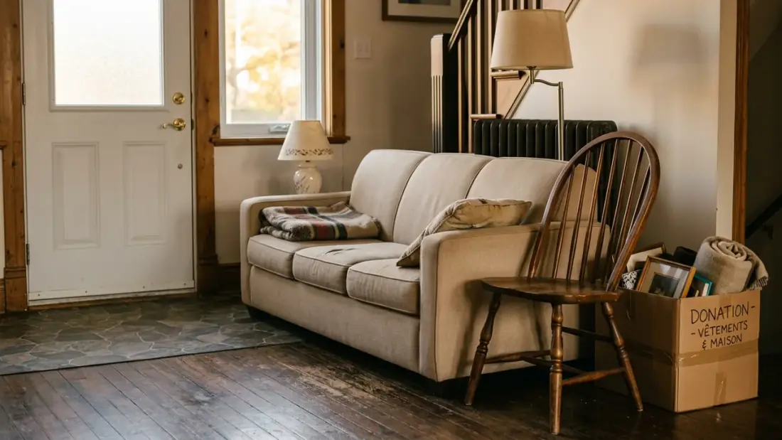 Meubles en bon état prêts à être donnés près de l'entrée d'une maison à Québec