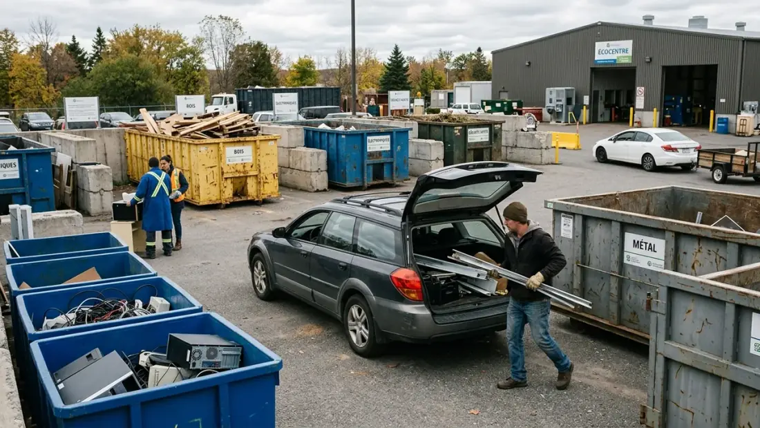 Aire de dépôt d'un écocentre municipal de Québec avec bacs de tri