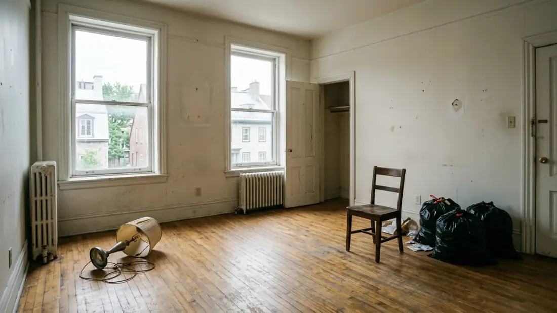 Appartement vide à Québec avec quelques objets laissés par l'ancien locataire