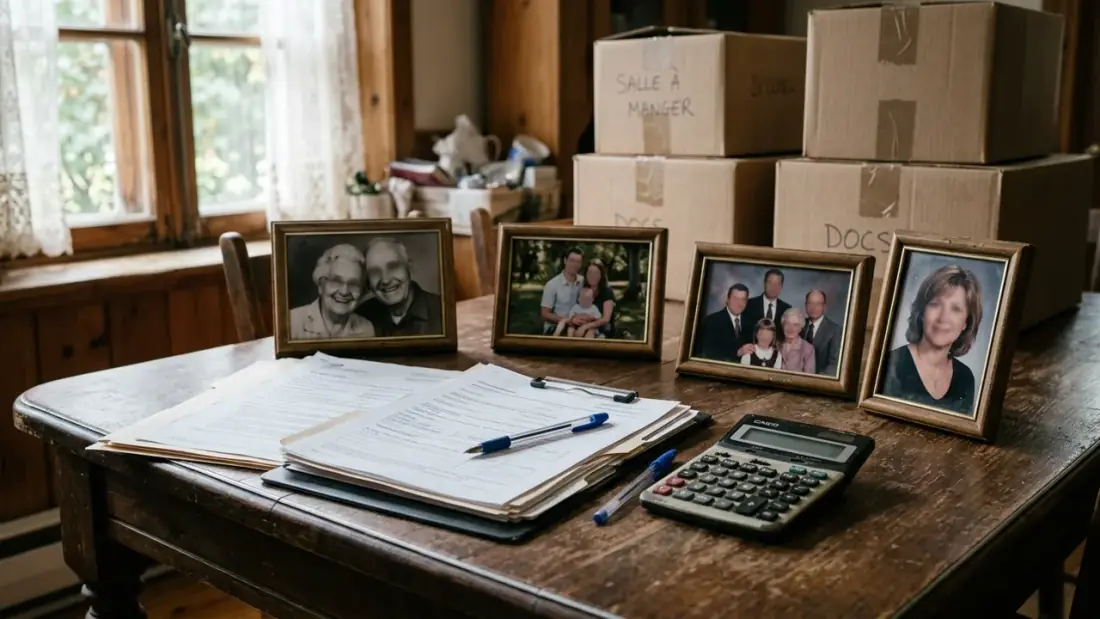 Documents de succession, calculatrice et photos de famille sur une table