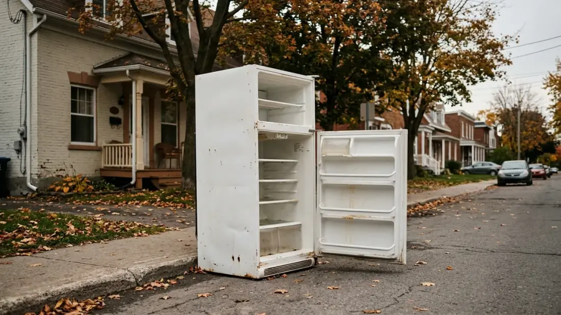 Vieux réfrigérateur blanc au bord du trottoir d'une maison à Québec, prêt pour le recyclage