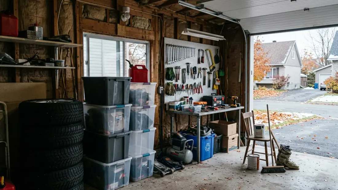 Garage résidentiel québécois en cours d'organisation avant l'hiver