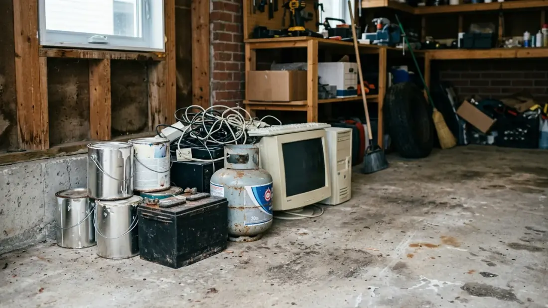Matières dangereuses domestiques (peinture, batterie, électronique) regroupées au sol d'un garage