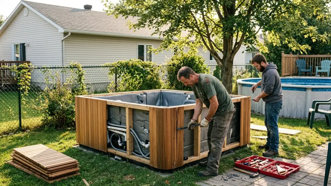 Spa de jardin en cours de démontage dans une cour résidentielle québécoise