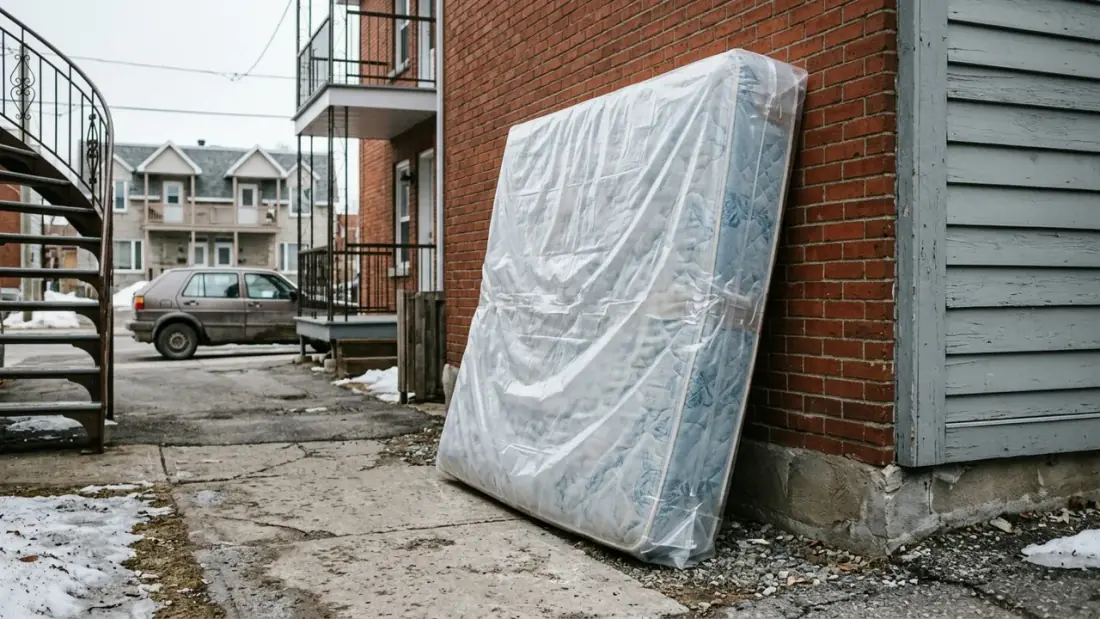 Vieux matelas emballé dans un sac plastique, prêt pour le recyclage à Québec