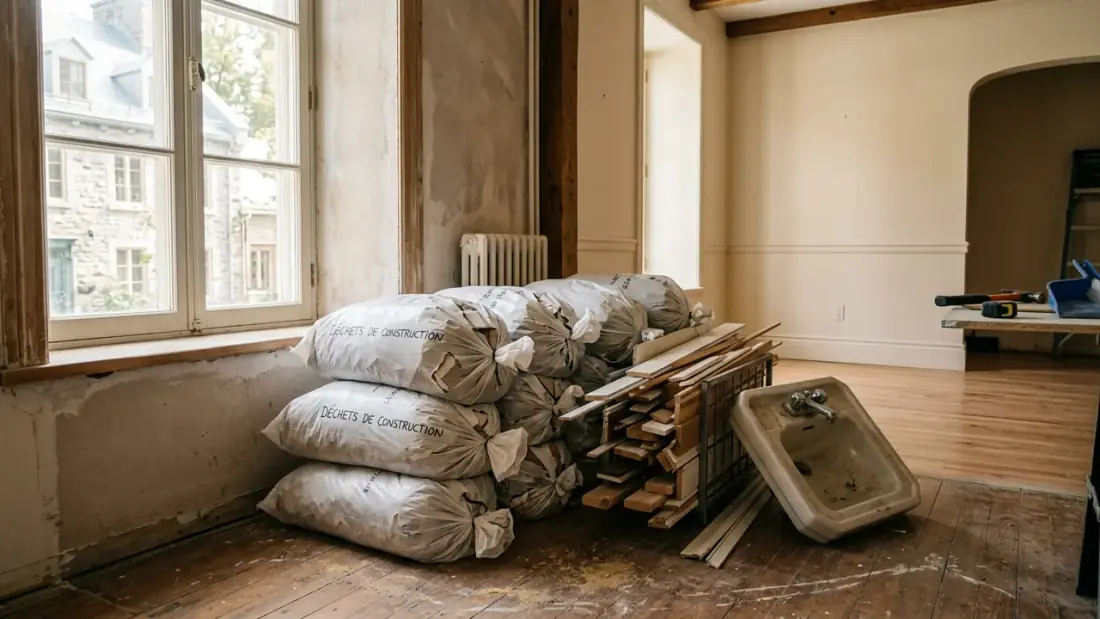 Débris de rénovation triés et empilés dans une maison québécoise fraîchement rénovée