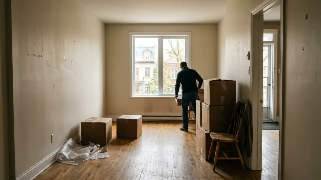Petit appartement québécois en cours de vidage, lumière par la fenêtre évoquant un nouveau départ