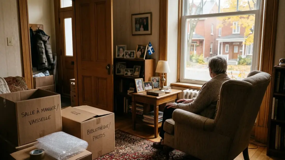Maison familiale en partie emballée pour une transition vers une résidence pour aînés