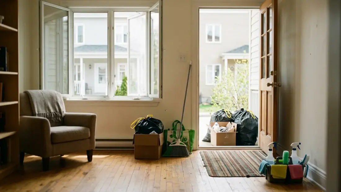 Maison québécoise lors du ménage du printemps, fenêtres ouvertes et objets à donner près de la porte