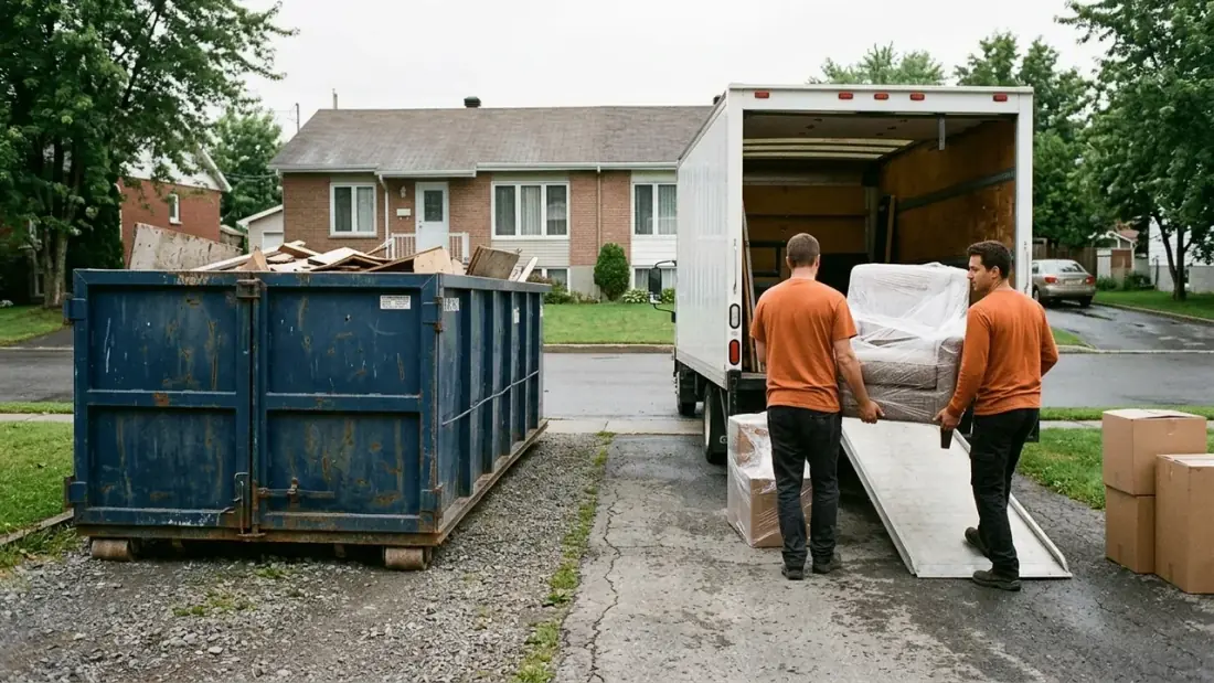 Un conteneur de location et un camion de débarras côte à côte dans une entrée à Québec