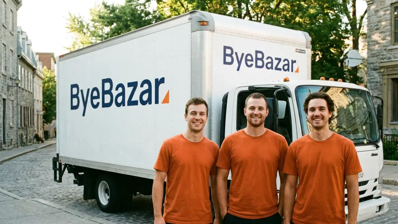 L'équipe ByeBazar devant son camion blanc dans une rue résidentielle de Québec