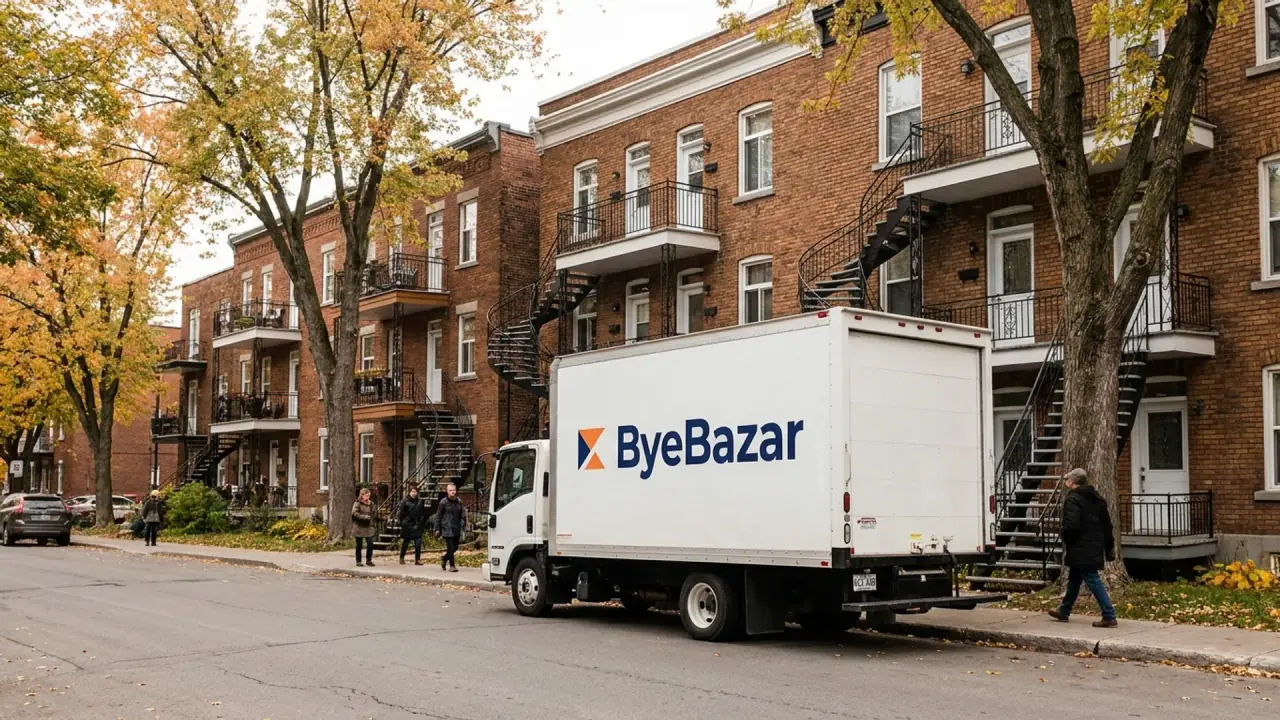 Le camion ByeBazar dans une rue de Vieux-Limoilou aux escaliers extérieurs typiques de Québec