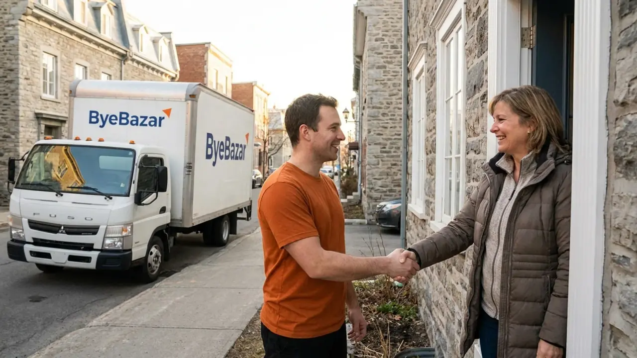 Un débarrasseur ByeBazar accueille un client à la porte, le camion stationné devant la maison à Québec