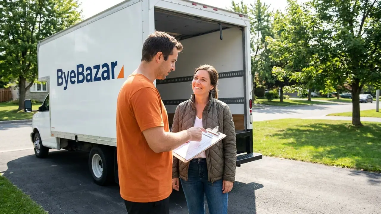 Un débarrasseur ByeBazar présente une grille de prix claire à un client, devant le camion dans une entrée à Québec