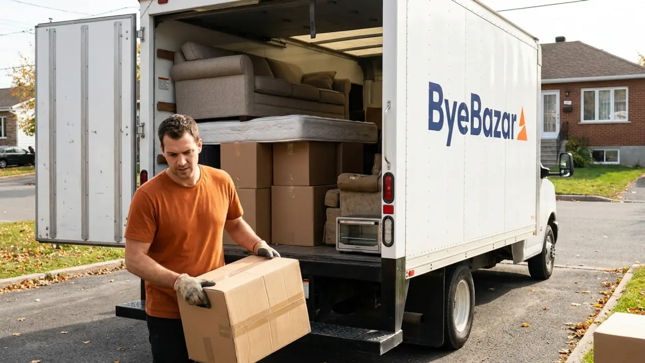 Camion ByeBazar chargé d'objets variés (divan, matelas, boîtes) dans une entrée à Québec