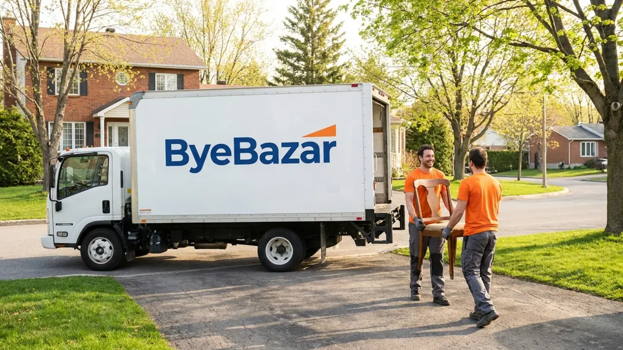 ByeBazar team loading a truck in front of a residential home in Sainte-Foy, Quebec City